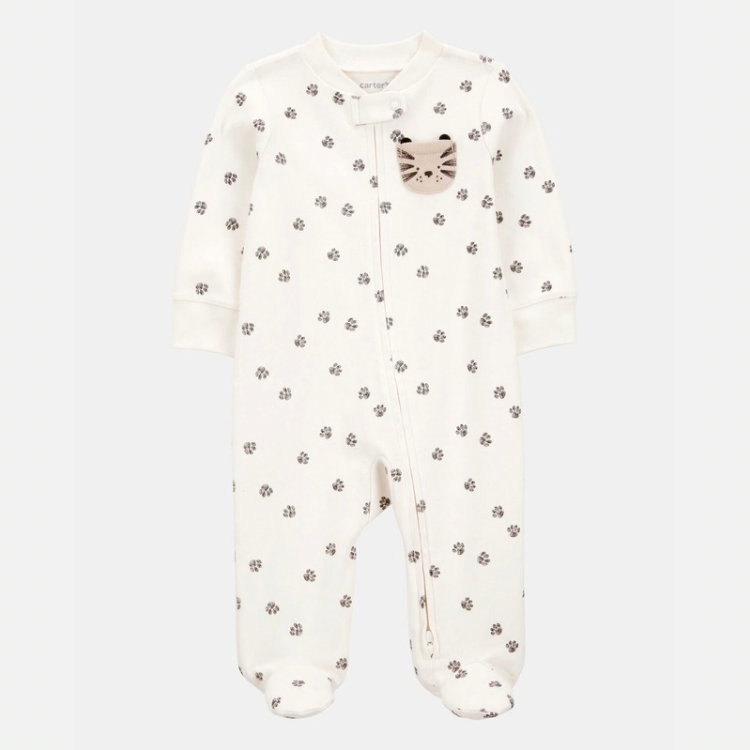 Baby Tiger Print 2-Way Zip Cotton Sleep & Play Pajamas - Ivory