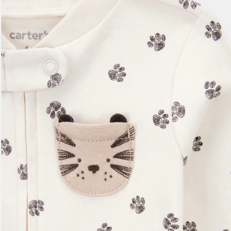 Baby Tiger Print 2-Way Zip Cotton Sleep & Play Pajamas - Ivory