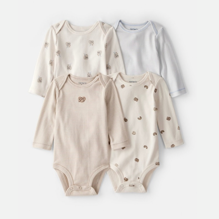 Baby 4-Pack Snack Time Long-Sleeve Multipack Bodysuits - Blue/White/Brown