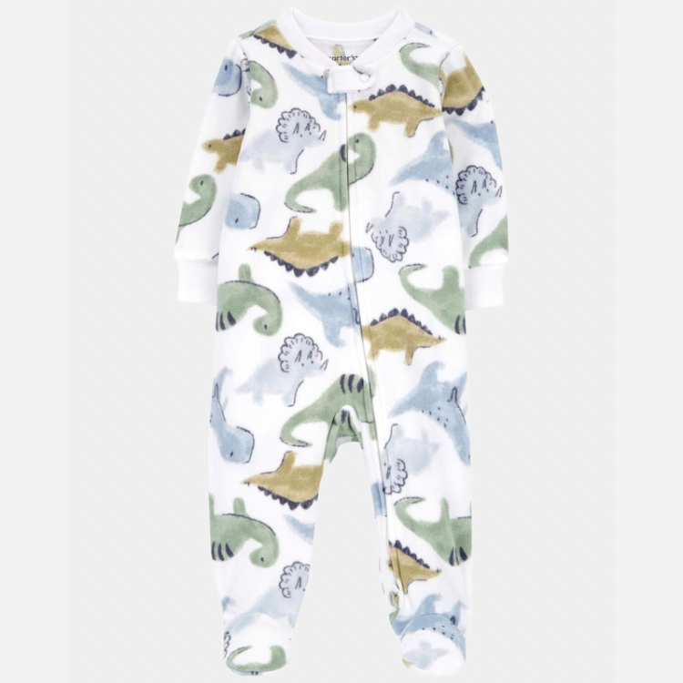 Dinosaur Print Loose Fit Long Sleeve Sleep & Play Pajamas- White