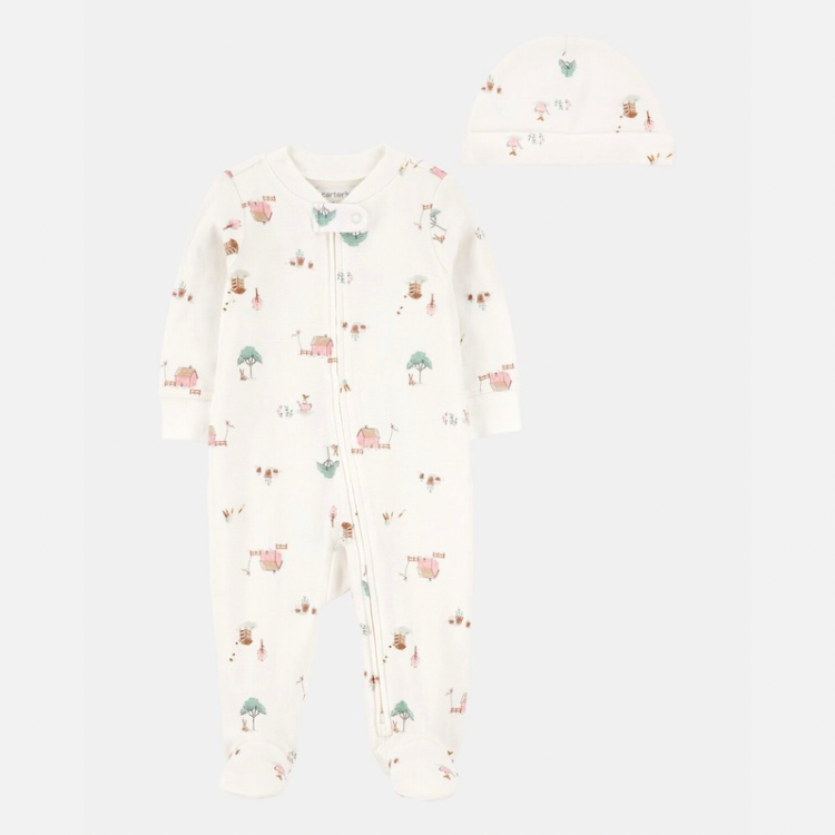2-Piece Barn Print 2-Way Zip Sleep & Play & Headwrap Set - Ivory