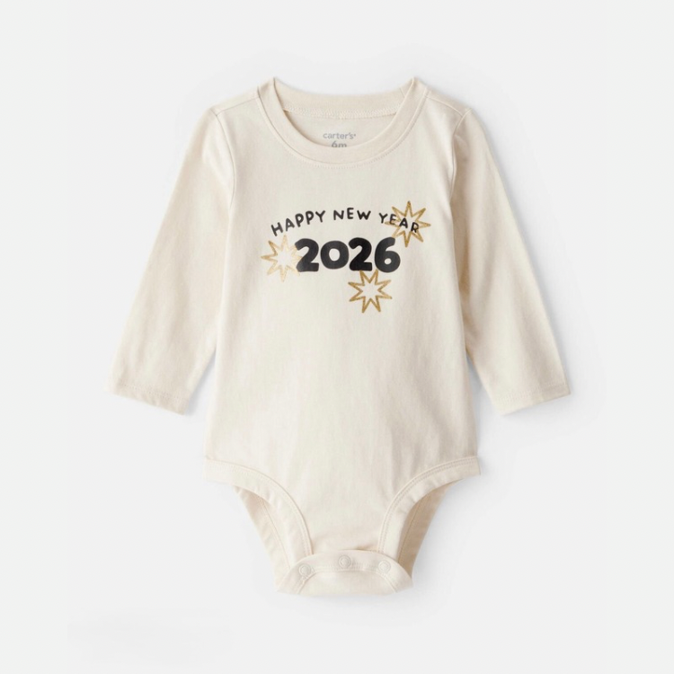 Baby New Year's Long-Sleeve Graphic Bodysuit - Cream
