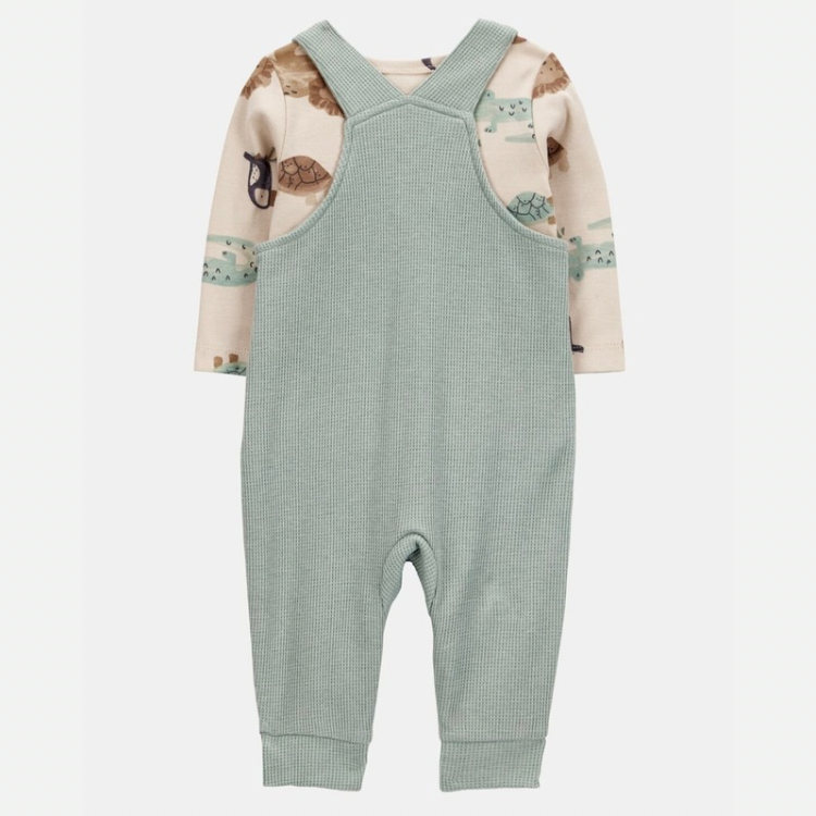 Baby 2-Piece Long-Sleeve Tee & Waffle Knit Coverall Set - Green