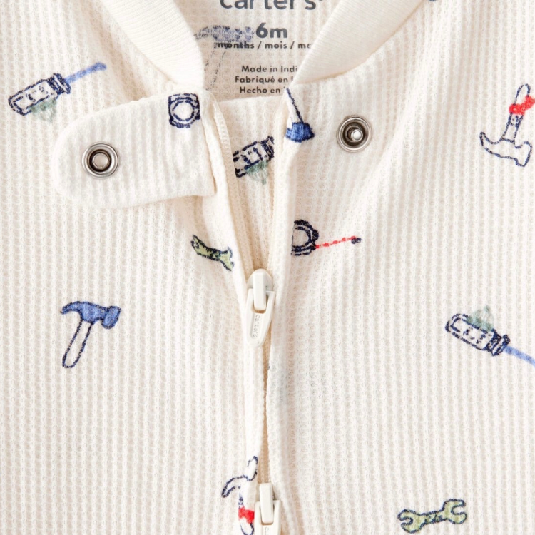 Construction Print Cotton Long-Sleeve Snug Fit Sleep & Play Pajamas - White