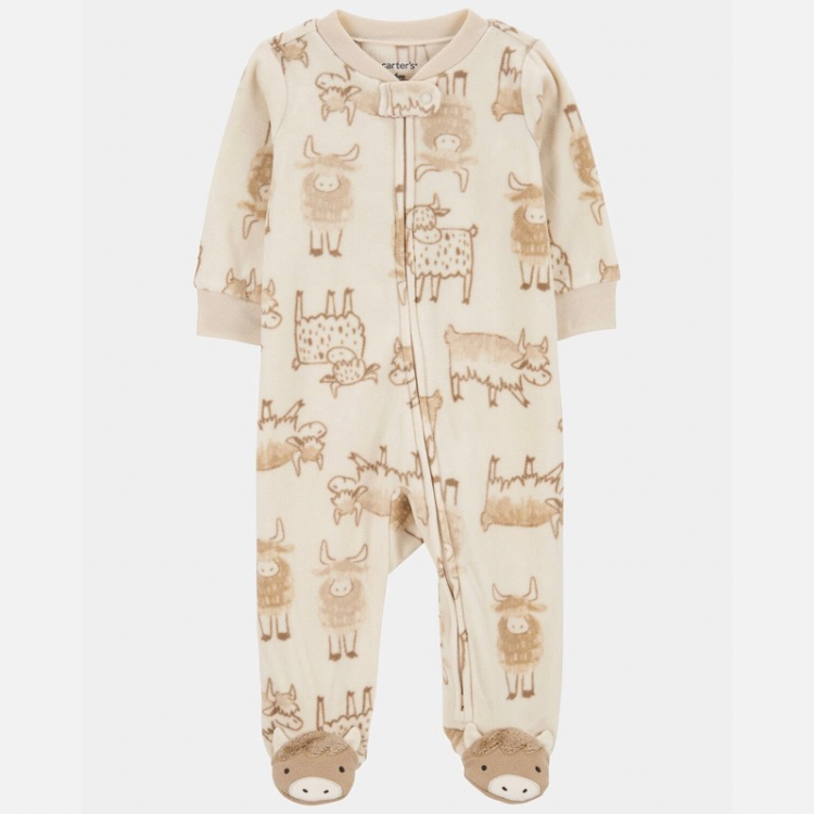 Baby Highland Cow Zip-Up Fleece Sleep & Play Pajamas - Cream