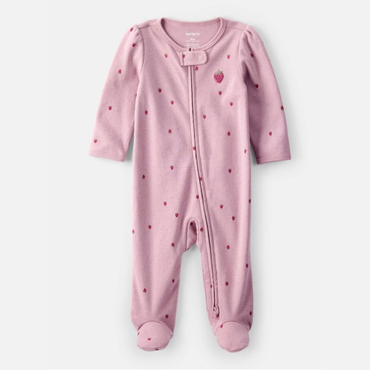 Baby Girl Strawberry Print 100% Cotton Sleep & Play Pajamas- Pink