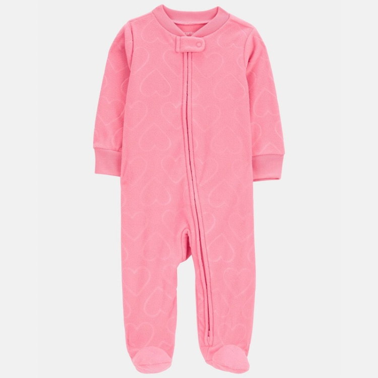 Baby Girl Heart Print Loose Fit Long-Sleeve 2-Way Zip Sleep & Play Pajamas - Pink