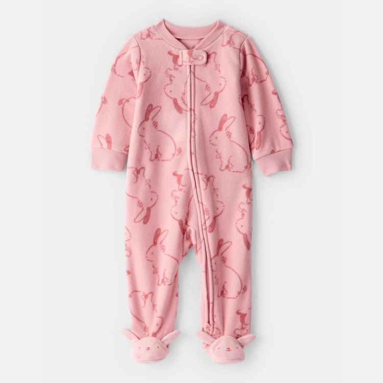 Bunny Print Fleece Long-Sleeve Loose Fit Sleep & Play Pajamas - Pink