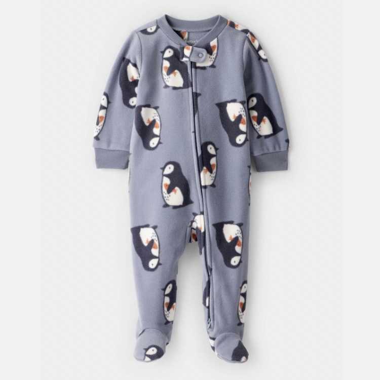 Baby Penguin Fleece 2-Way Zip Sleep & Play Pajamas - Grey