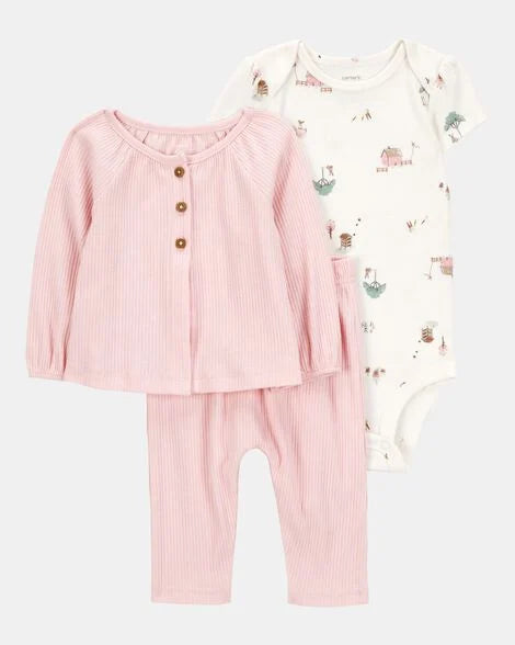 Baby 3-Piece Barn Print Little Cardigan Set- Pink/White